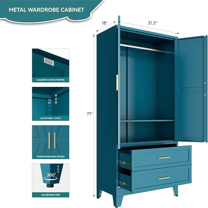 Blue Metal Wardrobe Closet, Armoire Wardrobe with Two Drawers Clothes Cabinet for Bedroom, 71" Tall Farmhouse Steel Armoire Closet with Drawers and 2 Doors Clothing Storage Cabinet with Hanging Rod