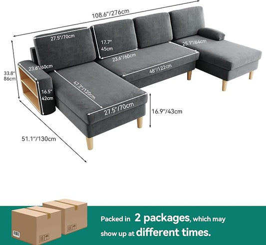 YITAHOME 109" U-Shaped Couch, 4-Seat Cloud Sofa with Dual Chaise Lounges, Storage Armrest, Cup Holder & Thick Cushions for Living Room