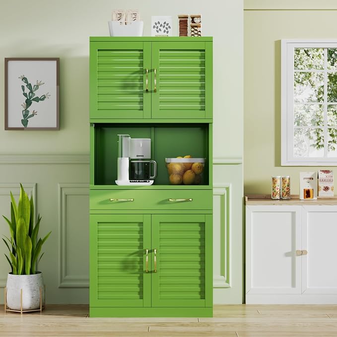 Kitchen Pantry Cabinet with Drawer - Freestanding Storage Cabinet | Furniture-Inspired Storage with Modern Louvered Design,120 lb Adjustable Shelves with Steel Durability
