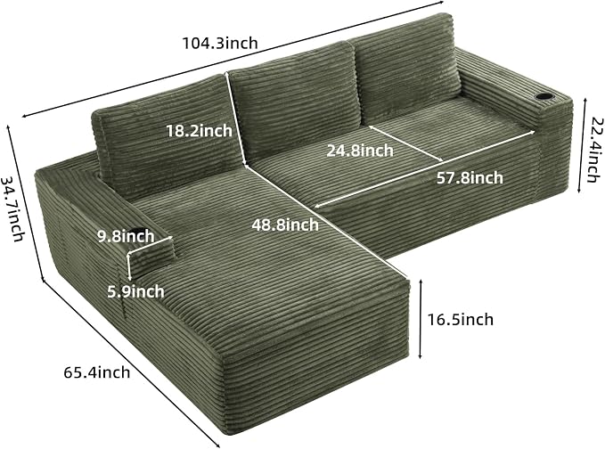 104" L Shaped Boneless Sectional Couches for Living Room, Comfy Corduroy Floor Cloud Sofa with Chaise and Cup Holder, Wide Armrest, Deep Seat, Assembly Free, Ideal for Small Spaces, Green