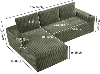 104" L Shaped Boneless Sectional Couches for Living Room, Comfy Corduroy Floor Cloud Sofa with Chaise and Cup Holder, Wide Armrest, Deep Seat, Assembly Free, Ideal for Small Spaces, Green