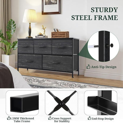 5-Drawer Dresser for Bedroom, Anti-Tip Wide Storage Organizer Fabric Chest of Drawers TV Stand for 45" TV with Wooden Top and Metal Frame for Closet, Living Room, Hallway, Entryway, Charcoal Black