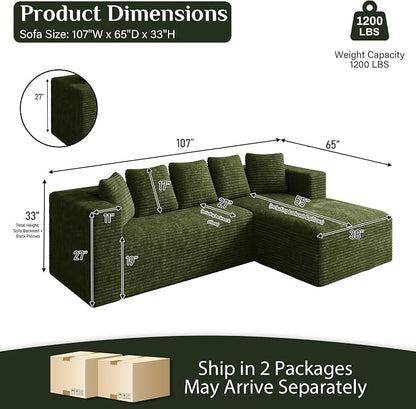 Oversized L Shaped Boneless Sectional Couches for Living Room, 107" Comfy Fluffy Cloud Modular Sectional Sofa, Plush Corduroy Memory Foam Floor Sofa with Right Facing Chaise Couch
