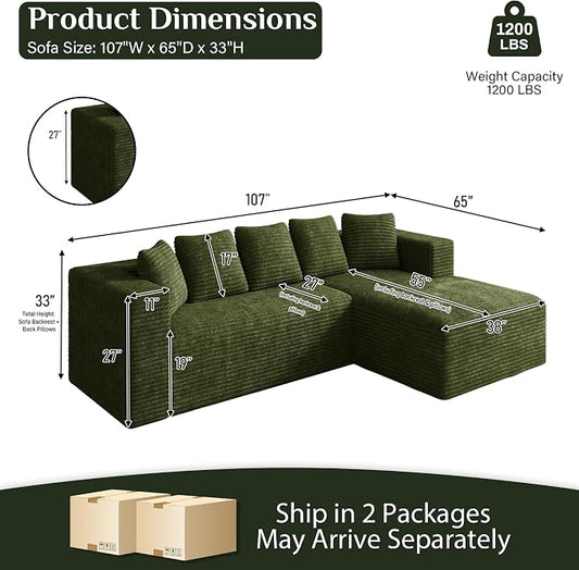 Oversized L Shaped Boneless Sectional Couches for Living Room, 107" Comfy Fluffy Cloud Modular Sectional Sofa, Plush Corduroy Memory Foam Floor Sofa with Right Facing Chaise Couch