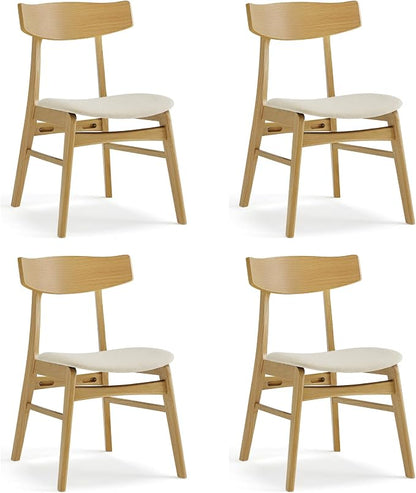 KISLOT Wooden Dining Chairs Set of 4, Upholstered Modern Dining Room Chairs, Mid Century Oak Kitchen Chairs with Curved Wood Backrest for Farmhouse, Restaurant, Café (Cream Fabric & Original Color)