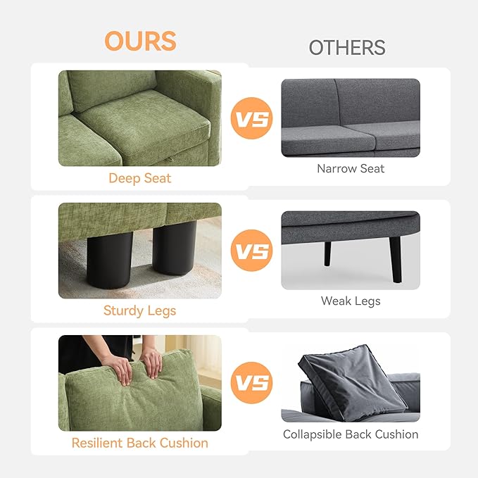 WUTUTUEE 58”Modular Sectional Loveseat Sofa, Modern Love Seat 2 Seater Sofa Couch with Storage, Chenille Modular Sectional Couch for Living Room, Bedroom, Office, Small Apartment, Green