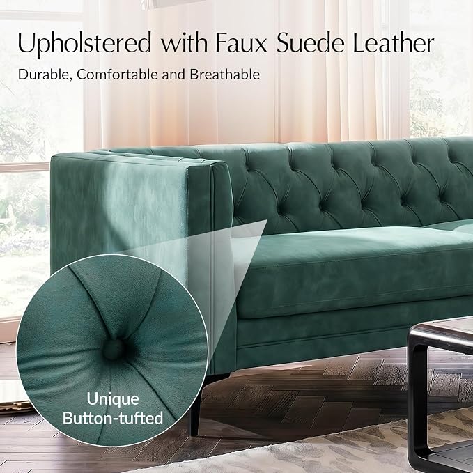 HULALA HOME 84" W Faux Leather Sofa Couch with Metal Legs, Button-Tufted 3-Seater Sofa, Mid Century Modern Contemporary Upholstered Couch for Living Room, Entertainment Area, Apartment,Green