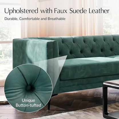 HULALA HOME 84" W Faux Leather Sofa Couch with Metal Legs, Button-Tufted 3-Seater Sofa, Mid Century Modern Contemporary Upholstered Couch for Living Room, Entertainment Area, Apartment,Green