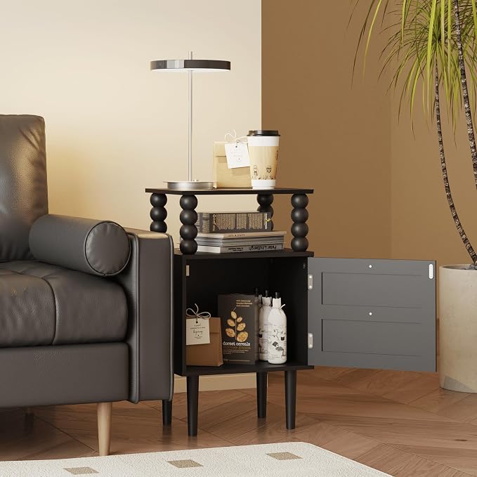Nightstand with Storage Drawer and Open Wood Shelf,Solid Wood Legs (Black) | Mid-Century Modern Bedside Table for Bedroom and Small Spaces,Easy Assembly