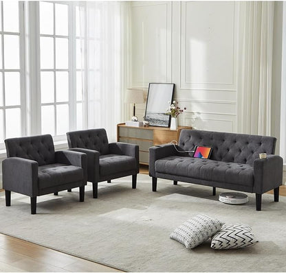 TYBOATLE Mid-Century Modern Tufted Loveseat Sofa Set w/ 2 USB & 2 Cupholders, 3 Piece Living Room Furniture Sets, Small Love Seat Couches for Small Space Apartment Bedroom Office