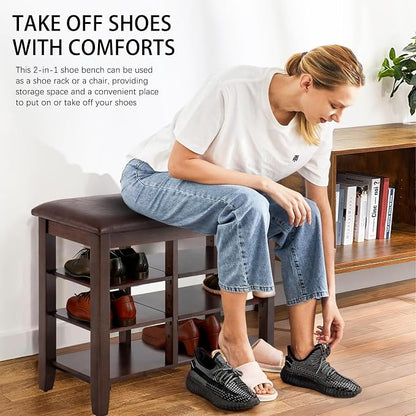 PY HOME & SPORTS Shoe Rack for Entryway 23.6": 3-Tier Shoe Storage Bench, Adjustable/Removable Shelves, Rubberwood Shoe Benches for Hallway, Porch, Bathroom, Brown