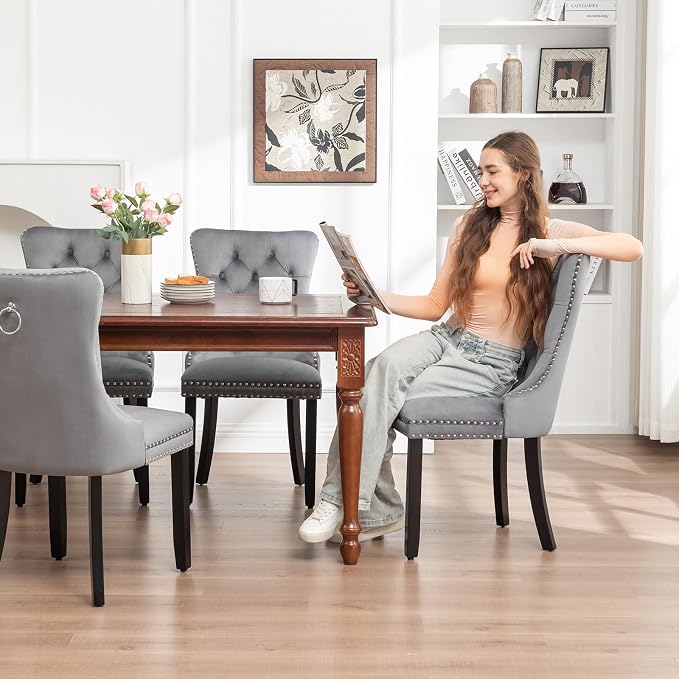 Hixkol Velvet Dining Chairs Set of 2,Upholstered Dining Chairs with Ring Pull Trim and Button Back,Modern Seating for Kitchen, Dining Room & Living Room(Grey)