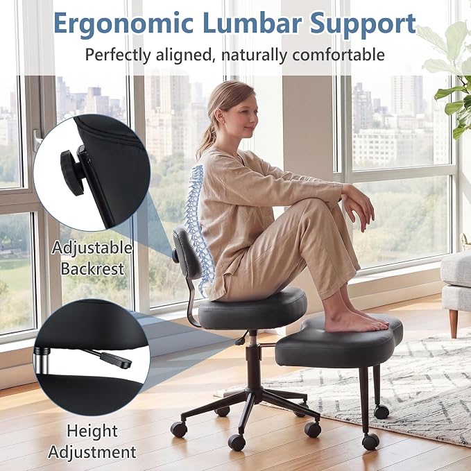 DUMOS Ergonomic ADHD Cross Legged Office Desk Chair with Adjustable Backrest, Height Adjustable Meditation Chair with 360° Swivel Footstool, PU Leather Yoga Stool for Home Office, Black
