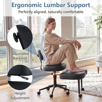 DUMOS Ergonomic ADHD Cross Legged Office Desk Chair with Adjustable Backrest, Height Adjustable Meditation Chair with 360° Swivel Footstool, PU Leather Yoga Stool for Home Office, Black