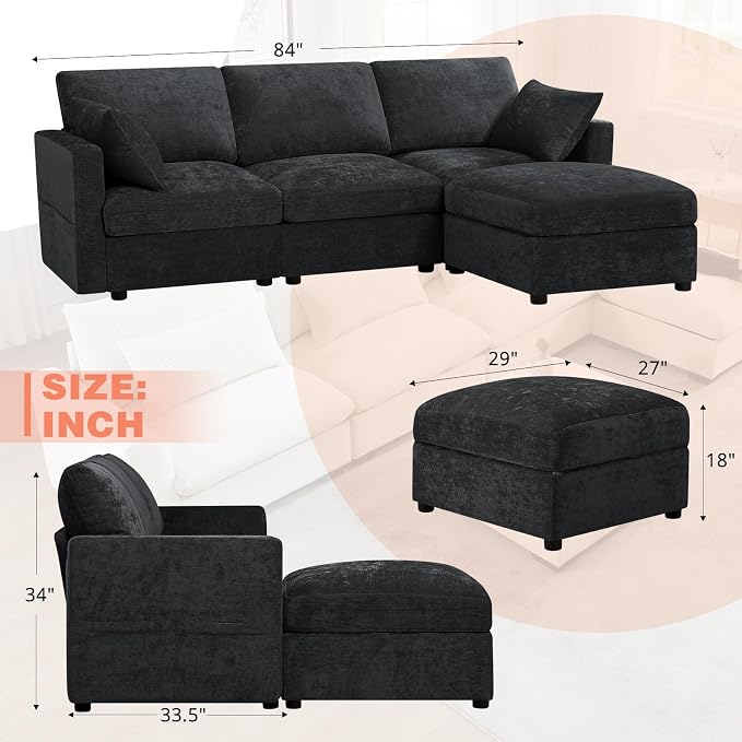 84” Chenille 3-Seats Sofa W/Movable Ottoman, Black | Modern Fabric L-Shaped Couch w/Soft Backrests, Upholstered Sectional Sofa w/Arm Pillows for Living Room