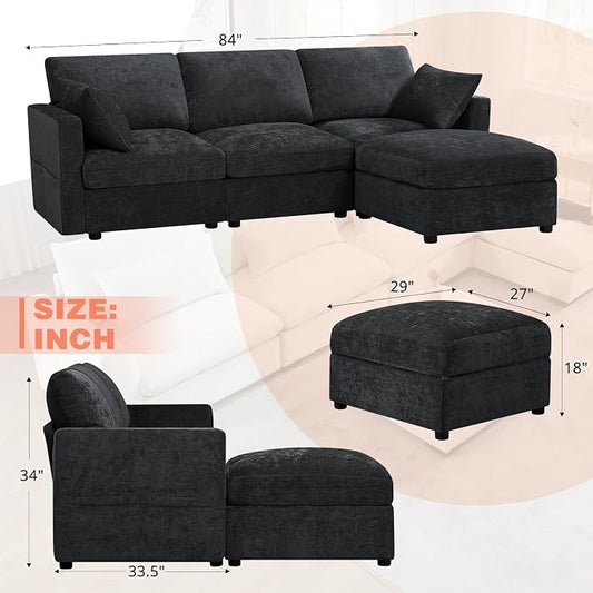 84” Chenille 3-Seats Sofa W/Movable Ottoman, Black | Modern Fabric L-Shaped Couch w/Soft Backrests, Upholstered Sectional Sofa w/Arm Pillows for Living Room