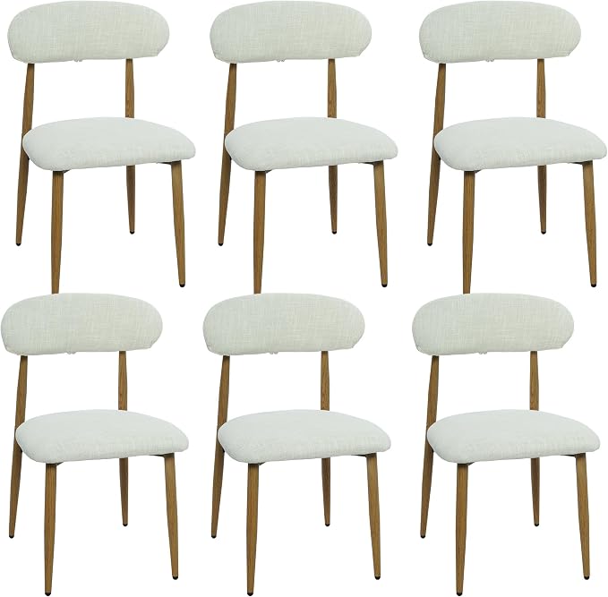 FREKEN Modern Upholstered Dining Chairs Set of 6, Mid-Century Metal Frame with Wood Grain, Linen Fabric Side Chair for Kitchen Dining Room, 350lbs Capacity, Beige
