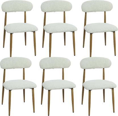 FREKEN Modern Upholstered Dining Chairs Set of 6, Mid-Century Metal Frame with Wood Grain, Linen Fabric Side Chair for Kitchen Dining Room, 350lbs Capacity, Beige