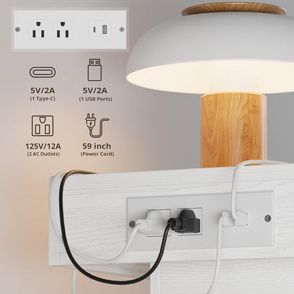 LIKIMIO Nightstand with Charging Station LED Light and 2 Drawers White | bedside table; end table; charging station; LED light; 2 drawers; White wood grain; small spaces