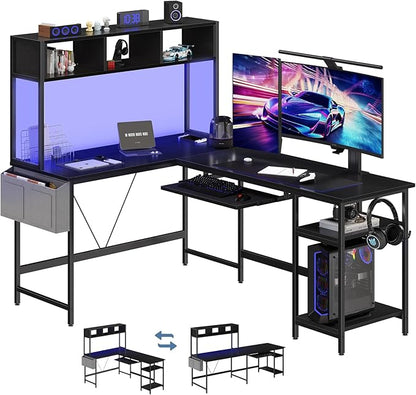 DUMOS 67" L Shaped Gaming Desk, Corner Desks for Compact Spaces with Keyboard Tray & Storage Shelf,Reversible Computer Desk with LED Lighting,Metal Frame PC Gaming Table for Home Office, Black