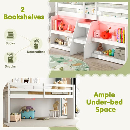 Giantex Twin Loft Bed with LED Lights, Wooden Loft Bed Twin Size with Stairs & Safety Guardrail, Low Loft Bed for Kids with Storage Bookcase and Under-Bed Play Space, White