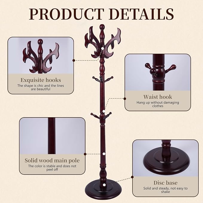 Wooden Coat Rack Free standing 14 Hooks, Vintage Coat Rack Stand for Entryway, Adjustable Height 73", Heavy Duty Coat Tree with Solid Round Base for Home Bedroom, Office (Antlers)
