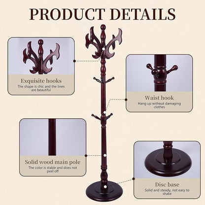 Wooden Coat Rack Free standing 14 Hooks, Vintage Coat Rack Stand for Entryway, Adjustable Height 73", Heavy Duty Coat Tree with Solid Round Base for Home Bedroom, Office (Antlers)