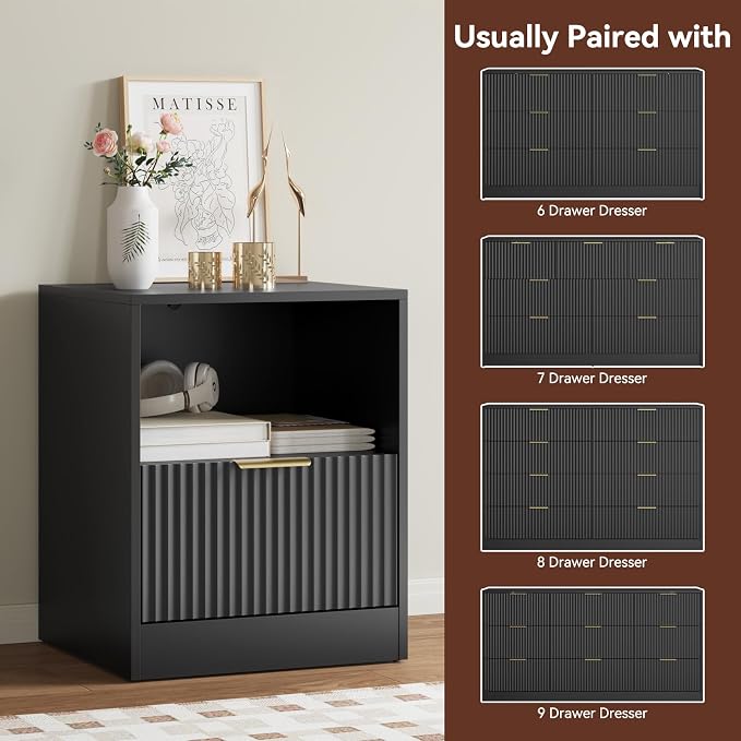 6 Drawer Dresser & Nightstand Set 3-Piece, 55” Wide Bedroom Set Night Stand Set of 2 with Metal Handle, Fluted Modern Wood Chest of Drawers Storage Dressers Set for Bedroom, Black