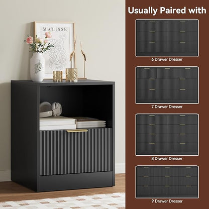 3 Pcs Black Dresser & Nightstand Set, 7 Drawer Dressers and Night Stand Set of 2 with Metal Handle, Fluted Modern Wood Chest of Drawers Storage Dressers Set for Bedroom, Black