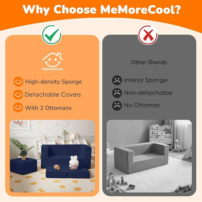 MeMoreCool Modular Kids Couch, Corduroy Play Toddler Couch for Bedroom Playroom Furniture, Convertible Foam Kids Sofa Bed, Fold Out Baby Sofa for Girl Boy, Navy