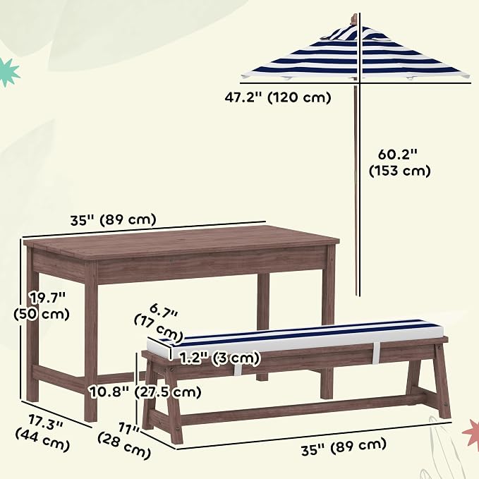 Qaba Kids Picnic Table, Outdoor Wooden Table & Bench Set with Cushions and Umbrella, Children Backyard Furniture for Patio, Garden, Navy Blue