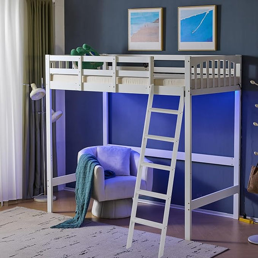 VINGLI Full Loft Bed with USB Charging Station/LED, Solid Wood Double Loft Bunk Bed with Flat Rungs for Kids/Teens/Adults, 15 inches High Guardrail,Wood Slat Support No Box Spring Needed, White