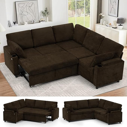 85" Chenille Sectional Sofa w/Pull Out Bed & Storage Space, Brown | Upholstery L Shaped Couch w/Cup Holders, Modern Corner Sofa w/USB Charging Port & Throw Pillow for Living Room