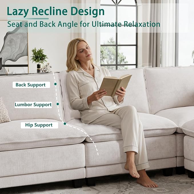 Modern L Shaped Sofa Couches for Living Room, Modular Sectional Cloud Couch with Movable Ottoman, Comfy Chenille Sofa for Apartment and Small Space, Beige