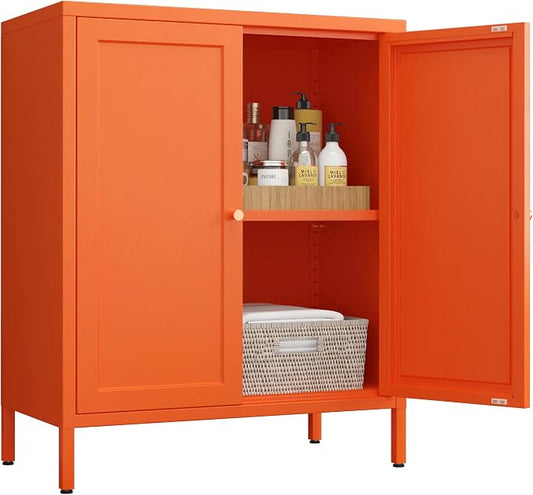 Metal Accent Storage Cabinet for Bedroom, LivingRoom, Office,Kitchen- Metal Locker Cabinet with 1 Adjustable Shelves-Bathroom Floor Storage Cabinet Freestanding Organizer (Square Door, orange)