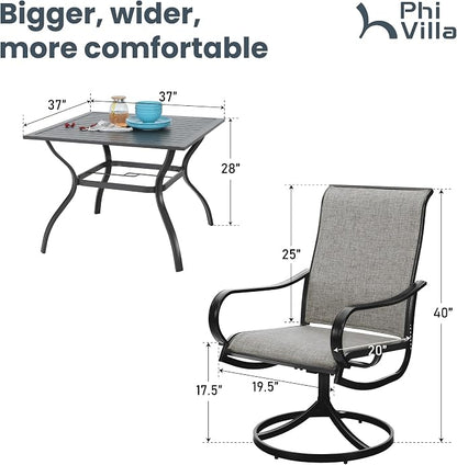 PHI VILLA 5 Piece Patio Dining Set Clearance with 4 Swivel Dining Chairs & 1 Square Metal Dining Table with 1.57 inches Hole, for Outdoor Kitchen Lawn & Garden Black Coated
