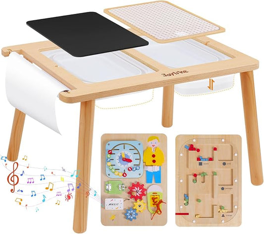 Joylike Sensory Table with Busy Boards for Toddlers 1-3, 7-in-1 Drawing and Activity Table with 4 Busy Boards, 2 Storage Bins & Paper Roll, Educational Learning Gifts for 1 2 3 4 5 Year Old Boys Girls