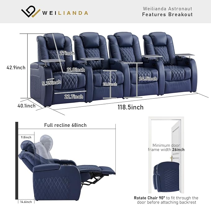 Weilianda Home Theater Seating Top Grain Leather Zero Gravity Recliner Chair Power Headrest Recline Movie Seat Gaming 7 Colors Mood Light Sofa with Tray Table USB Charge Row of 4 Blue