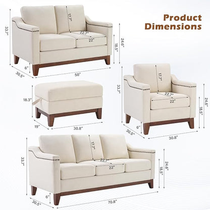 HAOMARKETS 2 Piece Fabric Sofa Set with Nailhead Trim, Included Fabric Accent Chair with Thicked Cushion, Upholstered Loveseat with Solid Wood Legs, Living Room Furniture Set,Beige