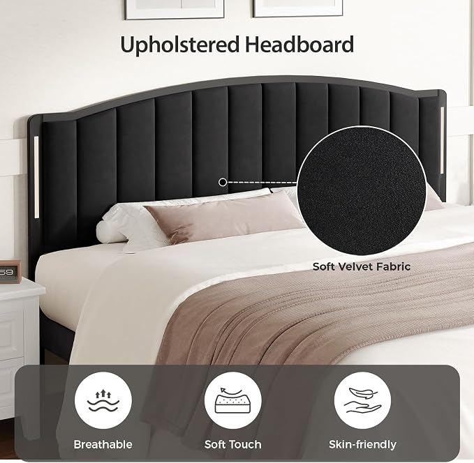 Headboard for Queen Size Bed with LED Lights, Upholstered Vertical Channel Tufting Head Boards, Velvet Headboard Only, Attach Frame, Ideal for Bedroom, Dorm, Guest Room, Black