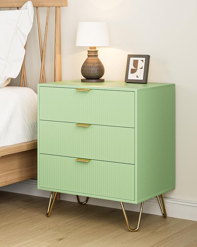 Green Dresser for Bedroom, Modern Fluted 3 Drawer Dresser with Storage, Dresser Chest of Drawers with Gold Handles for Bedroom, Living Room, Closet, Hallway, 15.8" D x 23.6" W x 27.6" H