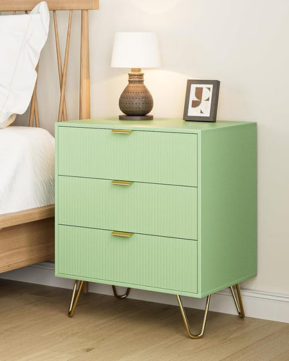 Green Dresser for Bedroom, Modern Fluted 3 Drawer Dresser with Storage, Dresser Chest of Drawers with Gold Handles for Bedroom, Living Room, Closet, Hallway, 15.8" D x 23.6" W x 27.6" H
