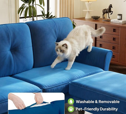 Welzona Sectional Couches for Living Room, 83" Velvet Modern 3 Seater Sofa, L Shaped Couch with Ottoman, Small Sectional Couch Sofas for Living Room, Bedroom, Apartment, Office, Blue Sofa