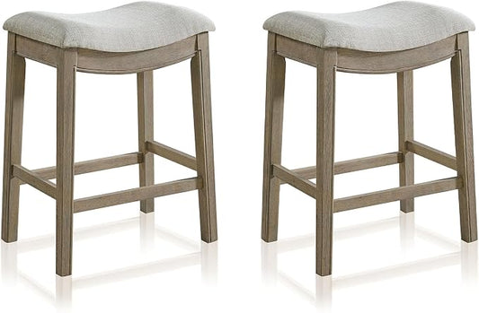 ROME + OAK Set of 2 Parker 26 Inch Counter Stool, Backless Saddle Kitchen Barstool in Reclaimed Oak Finish with Grey Fabric Upholstery Cushion Seat