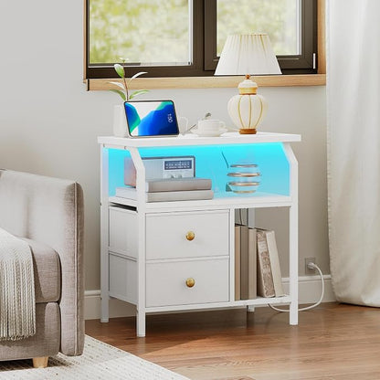 HOOBRO 23 inch Wide Nightstand with Charging Station and LED Light, Night Stand with 2 Fabric Drawers, Bedside Table, Dresser with Open Storage Shelf, End Side Table for Bedroom, White WT160UDBZ01