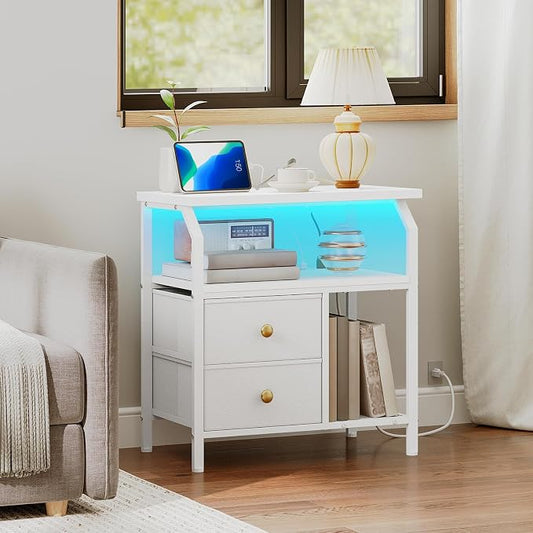 HOOBRO 23 inch Wide Nightstand with Charging Station and LED Light, Night Stand with 2 Fabric Drawers, Bedside Table, Dresser with Open Storage Shelf, End Side Table for Bedroom, White WT160UDBZ01