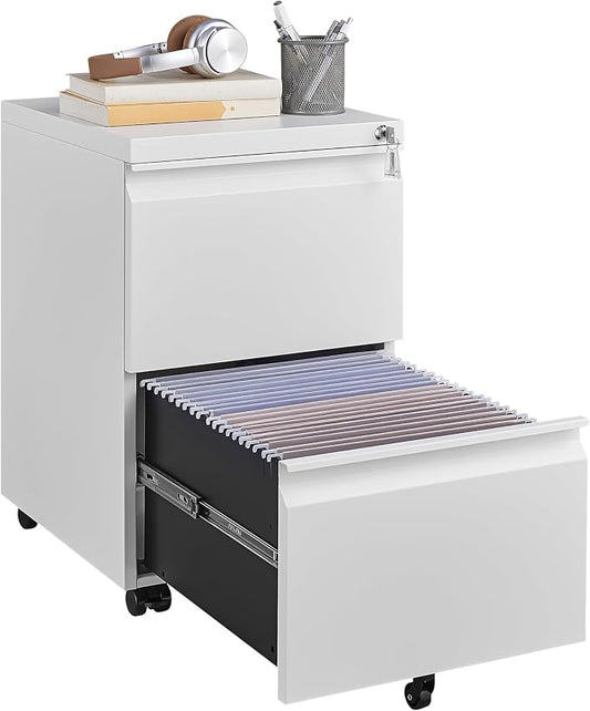 Approgreent 2 Drawer Metal File Cabinet, Fully Assembled Locking Filing Cabinet with Anti-Tipping Wheels, Quiet Slide, Heavy-Duty Steel Construction, Fits A4 Letter Legal for Home Office, Matte White
