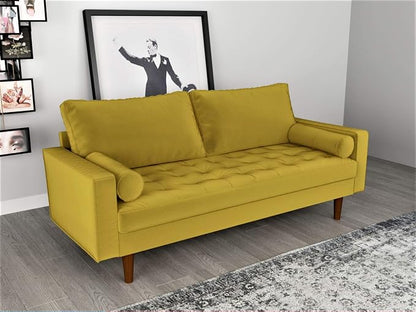 Container Furniture Direct Womble Mid Century Modern Soft Velvet Upholstered Tufted Seat with Bolster Pillows, Sofa, Textured Gold