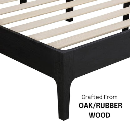 NTC Ruby Wooden Bed Frame with Headboard and Natural Rattan, Solid Oak Foundation with Silent Slats, 1000 Lb Capacity, Effortless Assembly, Queen - Burnt Black