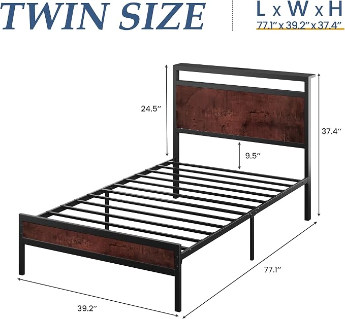 Fluest Twin Bed Frame with Headboard & Footboard, Twin Bed Frame with Charging Station & LED Light, Under-Bed-Storage, No Box Spring Needed, Noise Free, Easy Assembly, Coffee Brown